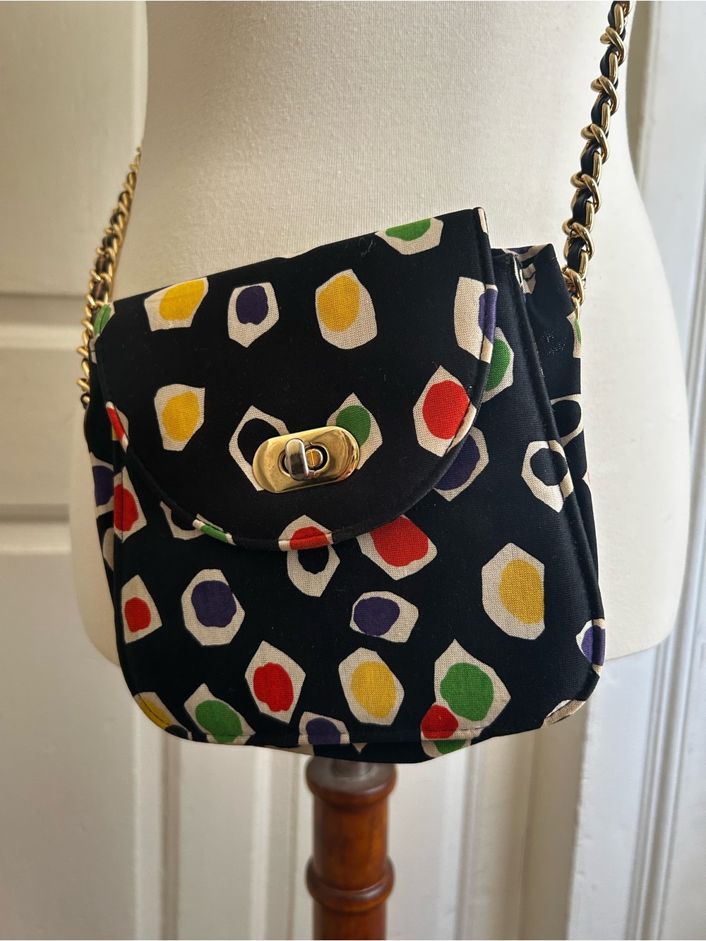 Vintage Black Crossbody Black Multicolor Spot Polka Dot Print Gold Chain
